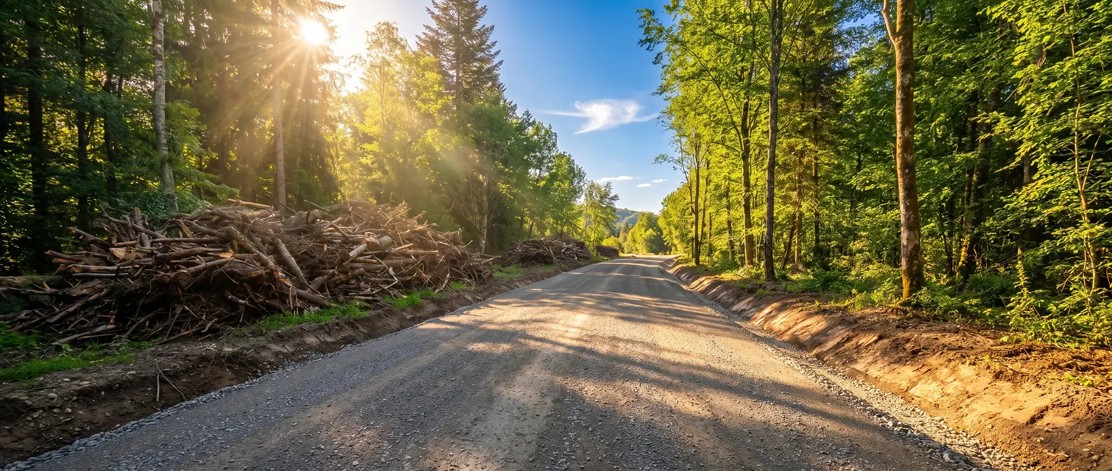 Camino forestal recién abierto y compactado, con luz de sol entre los árboles