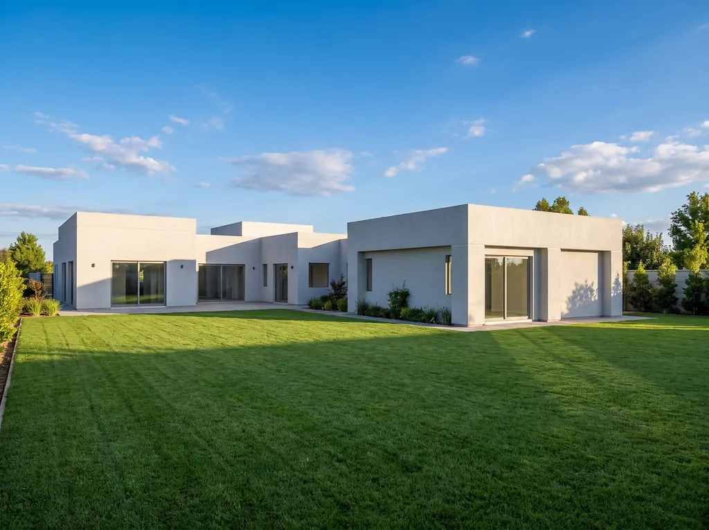 Vivienda moderna de un piso terminada, con amplio jardín de pasto verde y cielo despejado