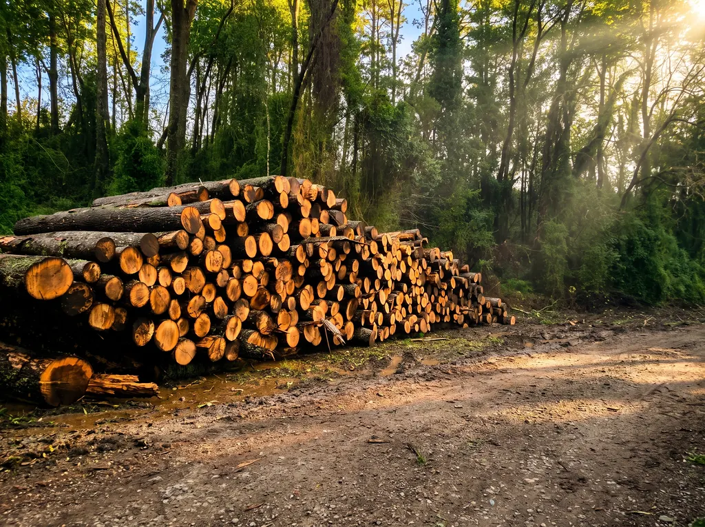 Acopio ordenado de trozos de madera junto a un camino forestal, con luz de sol entre los árboles